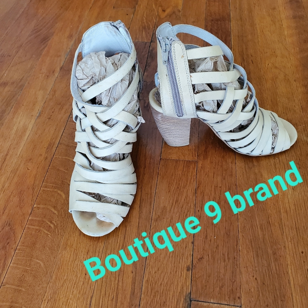 Boutique 9 women's cream leather caged gladiator criss-cross high block heels